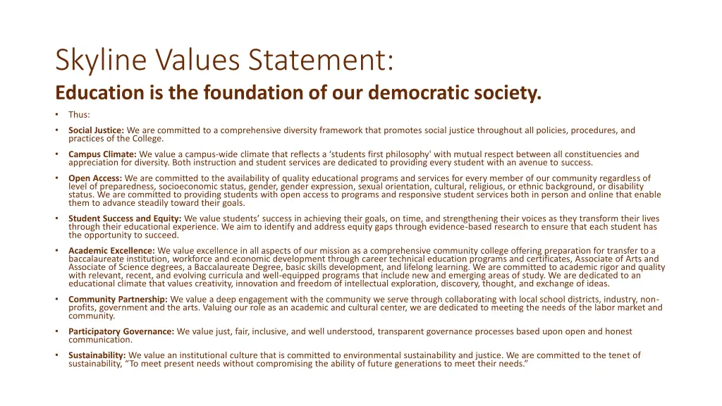 skyline values statement education