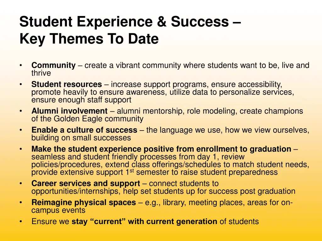 student experience success key themes to date