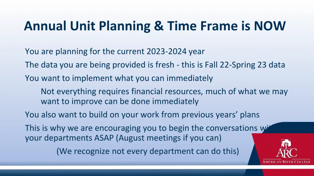 annual unit planning time frame is now