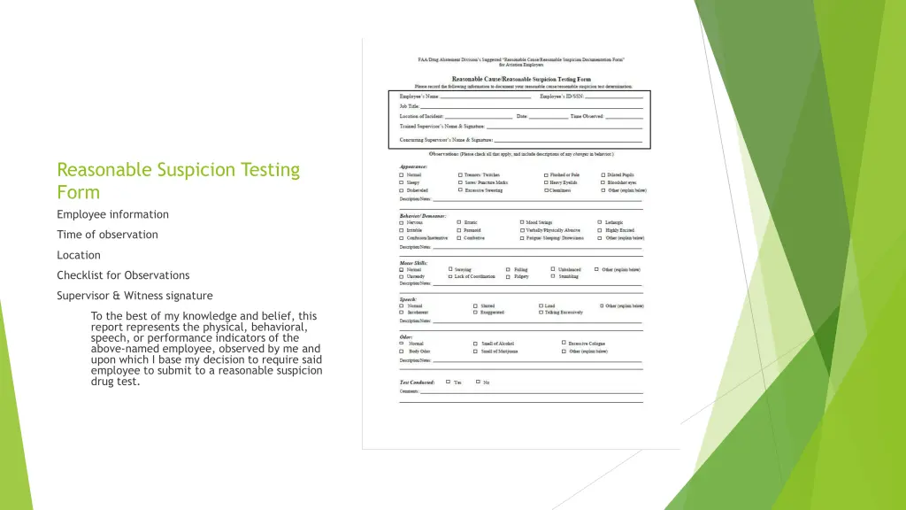 reasonable suspicion testing form employee