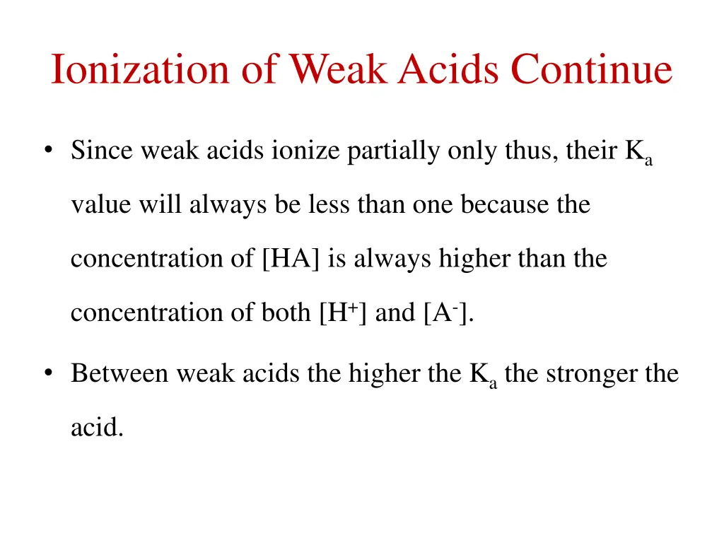 ionization of weak acids continue