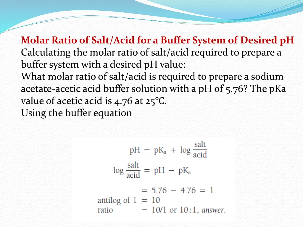 molar ratio of salt acid for a buffer system