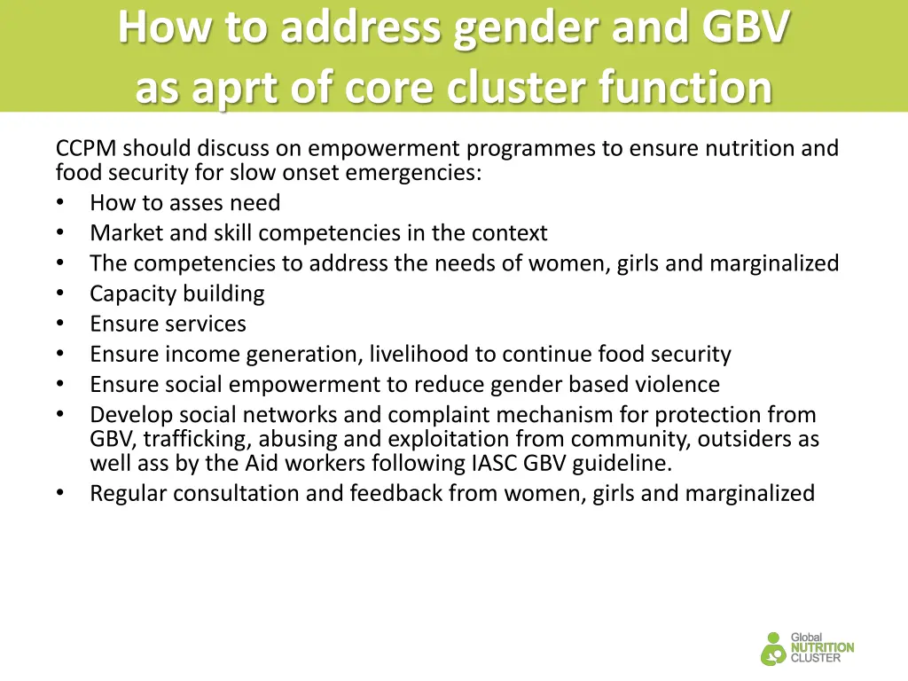 how to address gender and gbv as aprt of core