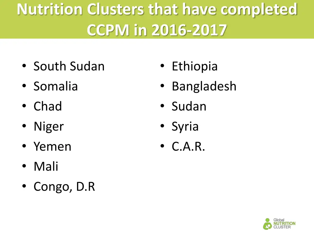 nutrition clusters that have completed ccpm