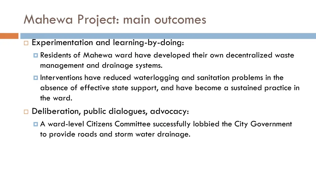 mahewa project main outcomes