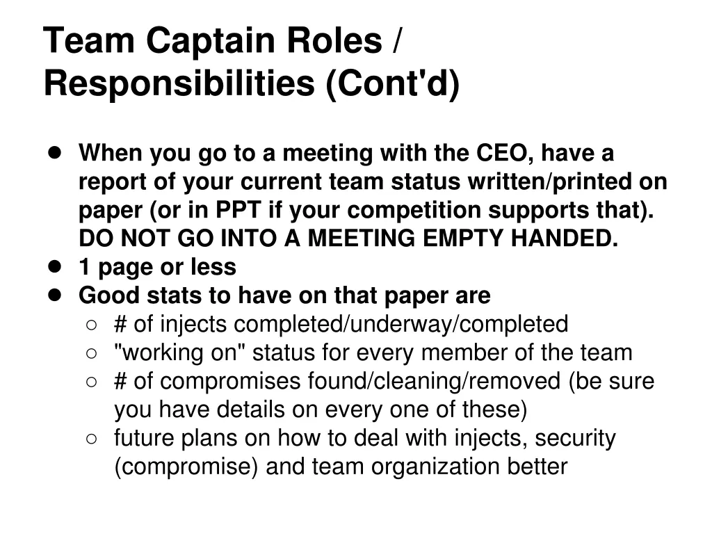 team captain roles responsibilities cont d