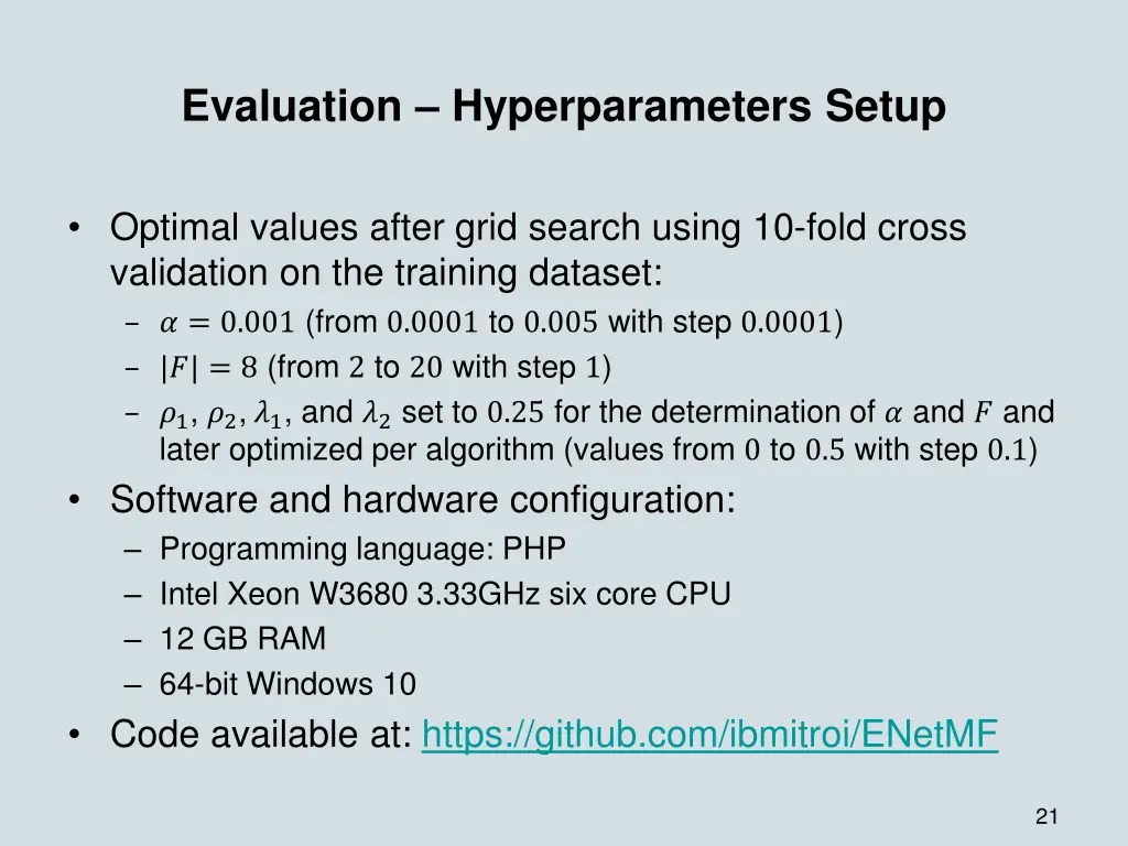 evaluation hyperparameters setup