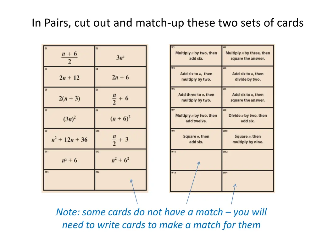 in pairs cut out and match up these two sets