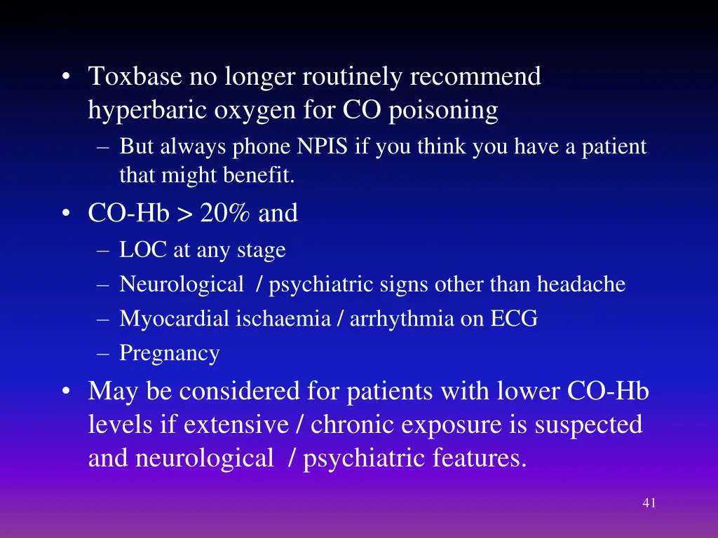 toxbase no longer routinely recommend hyperbaric