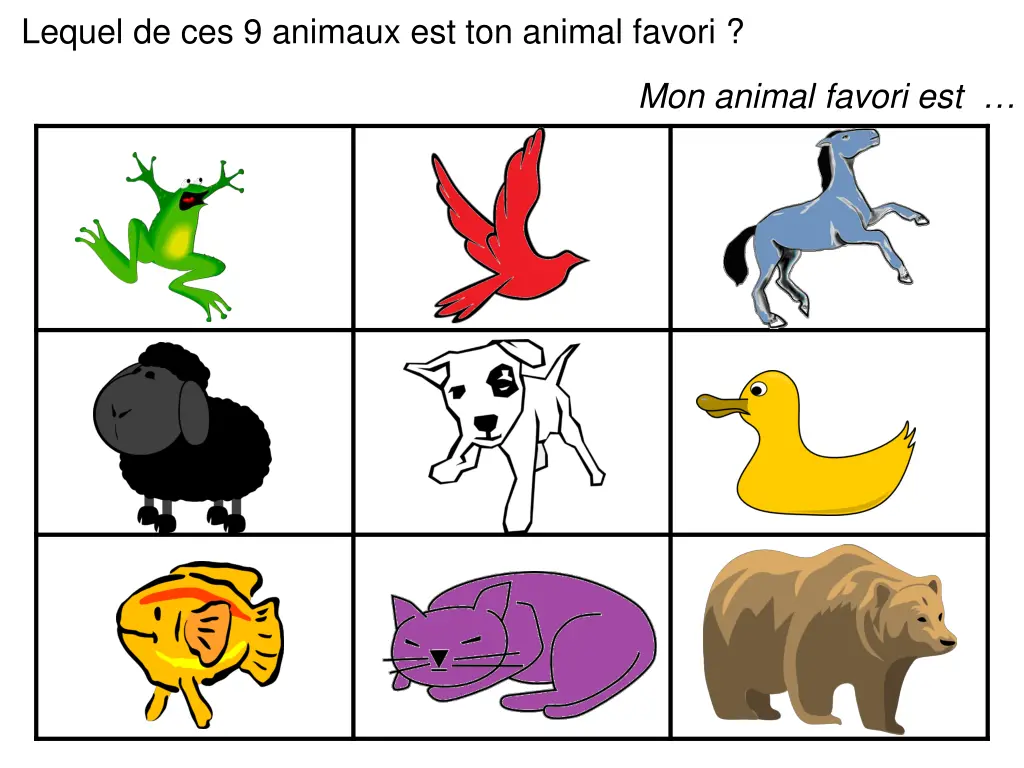 lequel de ces 9 animaux est ton animal favori