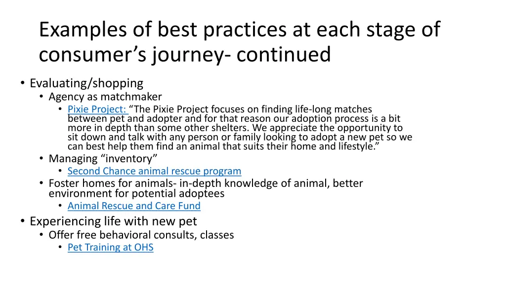 examples of best practices at each stage