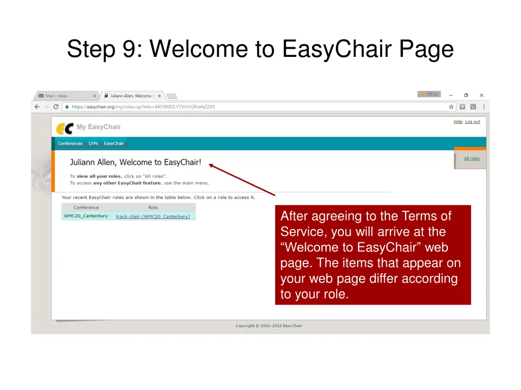 step 9 welcome to easychair page