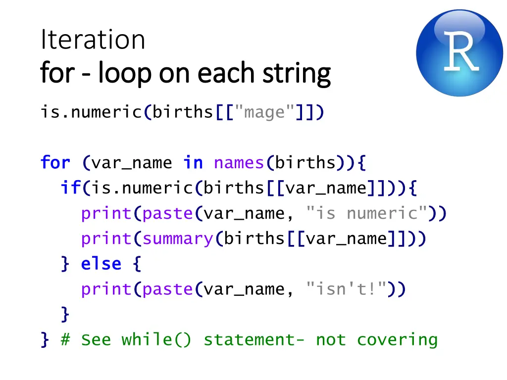 iteration for for loop on each string loop