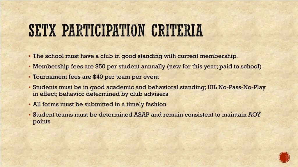 setx participation criteria