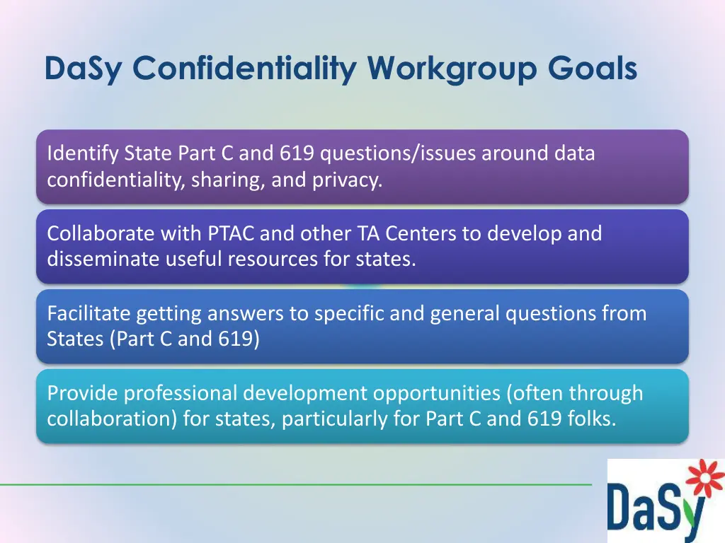 dasy confidentiality workgroup goals