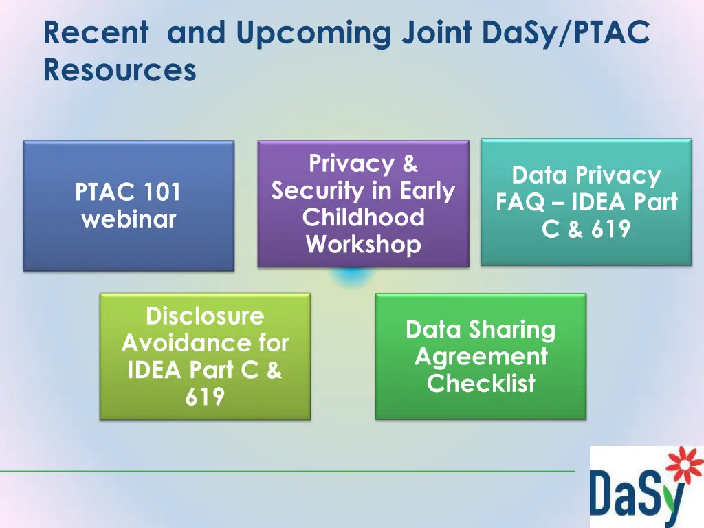 recent and upcoming joint dasy ptac resources