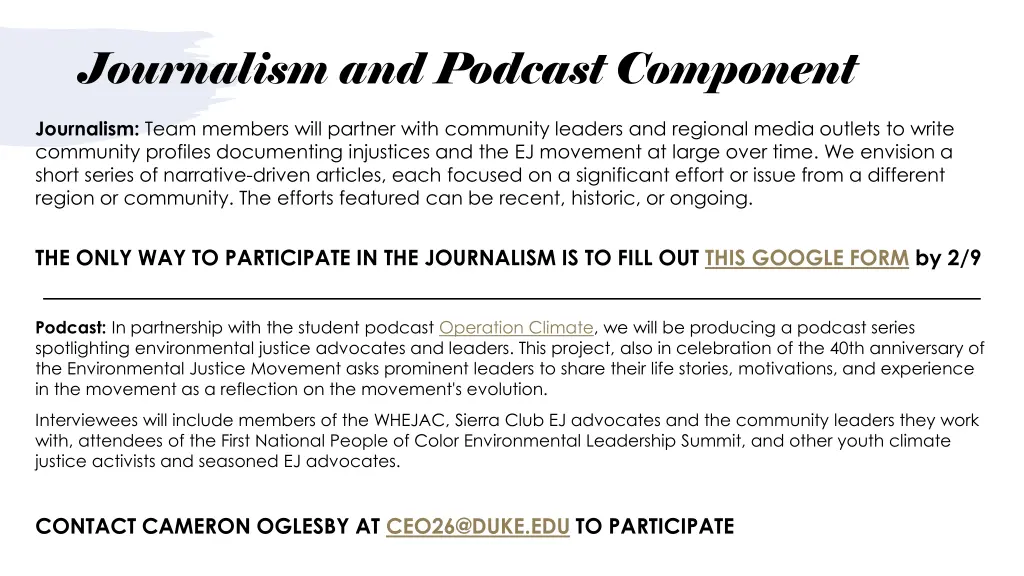 journalism and podcast component