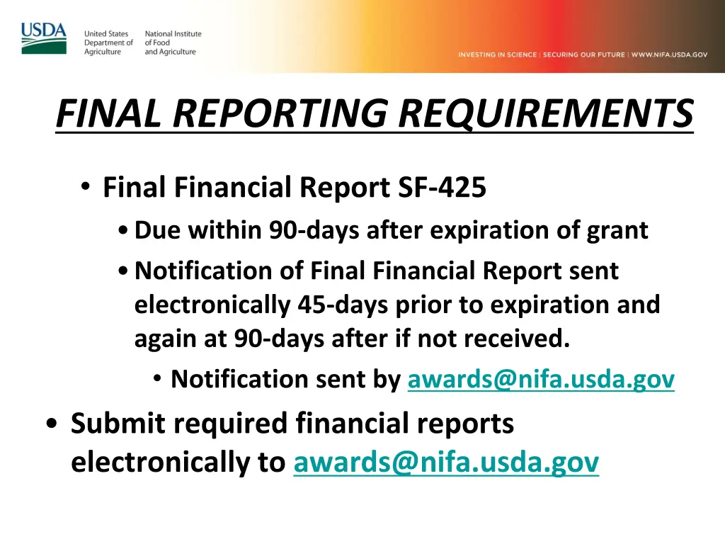 final reporting requirements