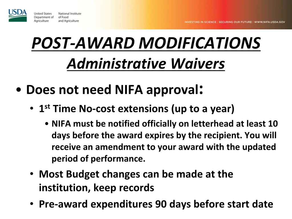 post award modifications administrative waivers