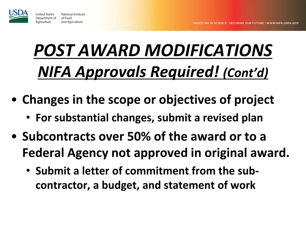 post award modifications nifa approvals required 2