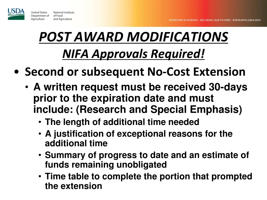 post award modifications nifa approvals required