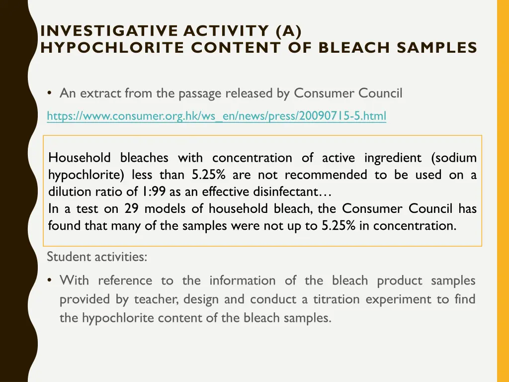 investigative activity a hypochlorite content