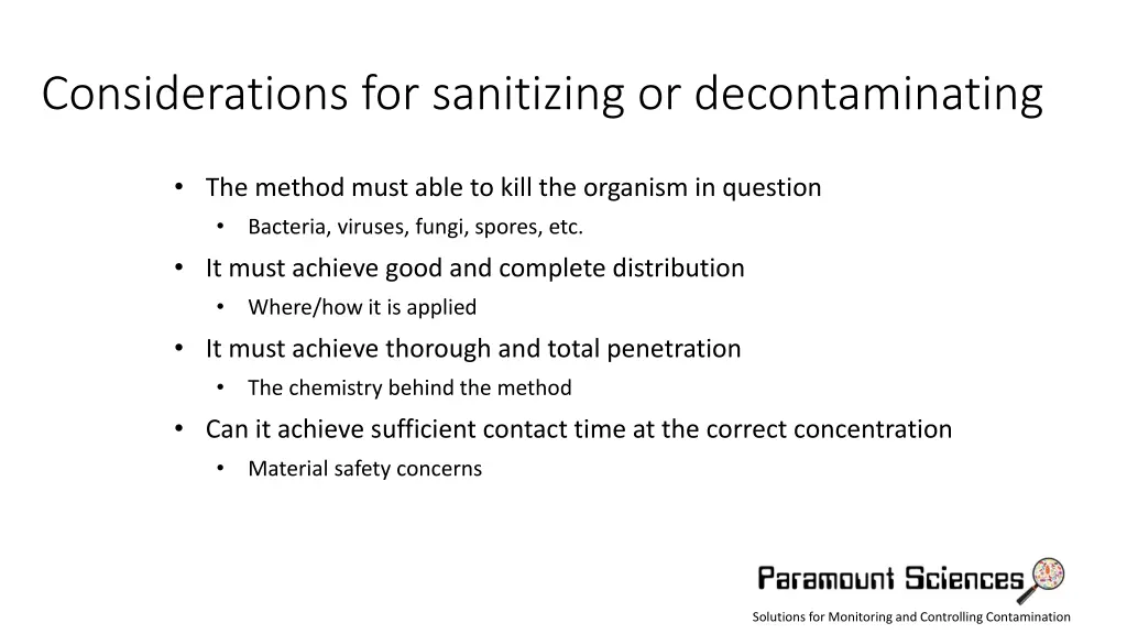 considerations for sanitizing or decontaminating