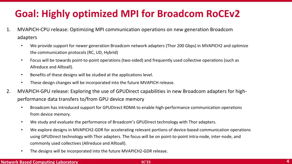 goal highly optimized mpi for broadcom rocev2