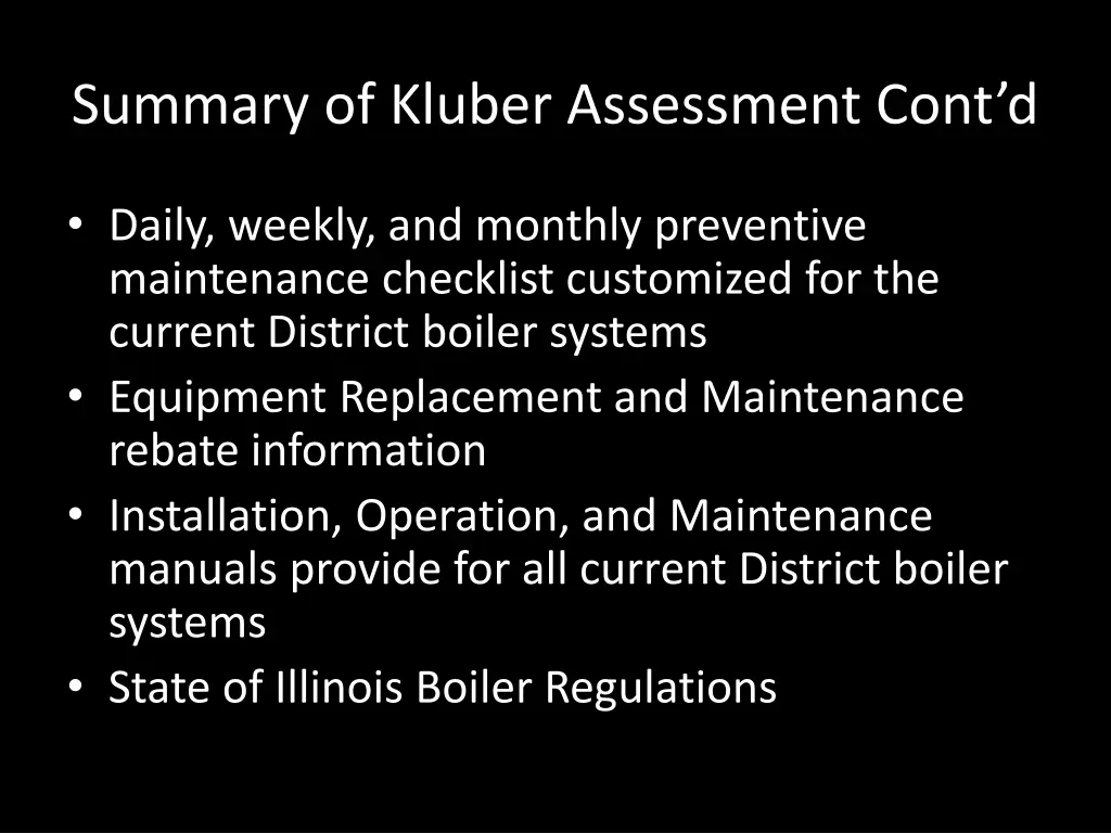 summary of kluber assessment cont d