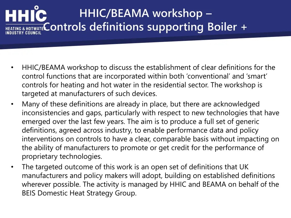 hhic beama workshop controls definitions