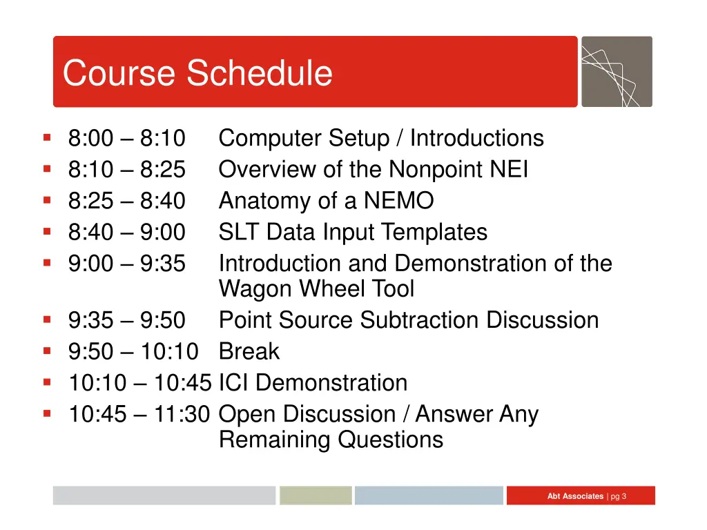 course schedule