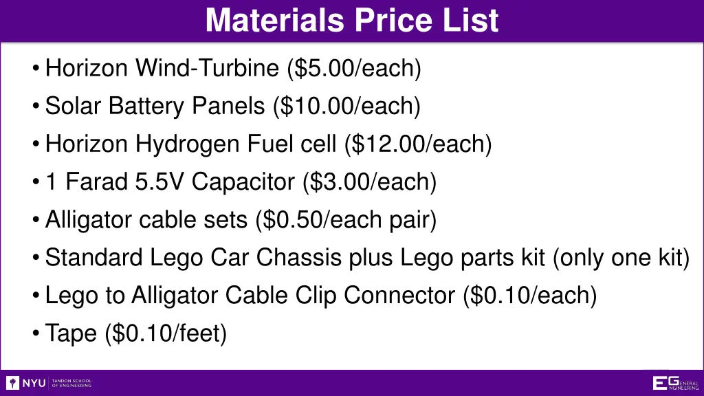 materials price list