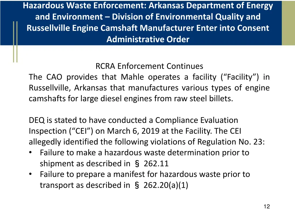 hazardous waste enforcement arkansas department