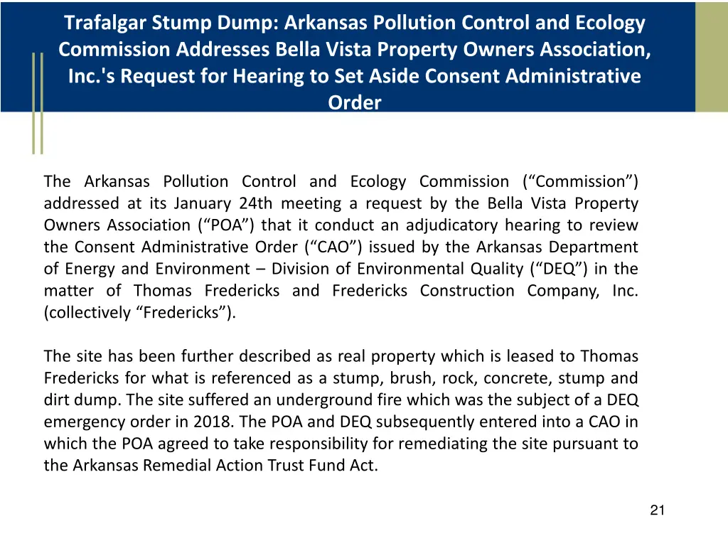 trafalgar stump dump arkansas pollution control