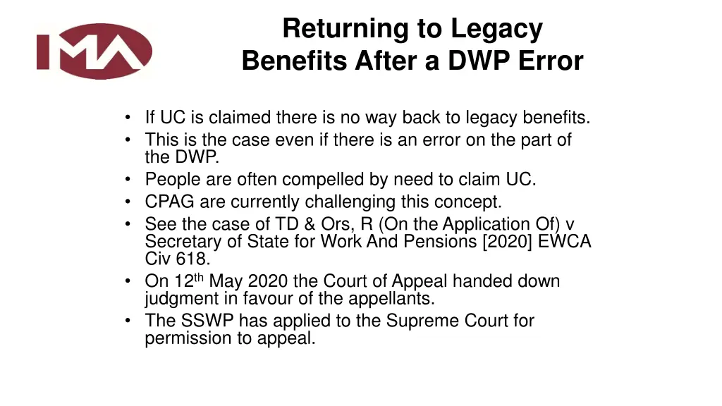 returning to legacy benefits after a dwp error