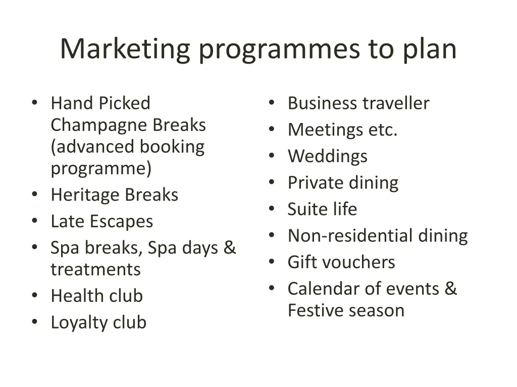 marketing programmes to plan