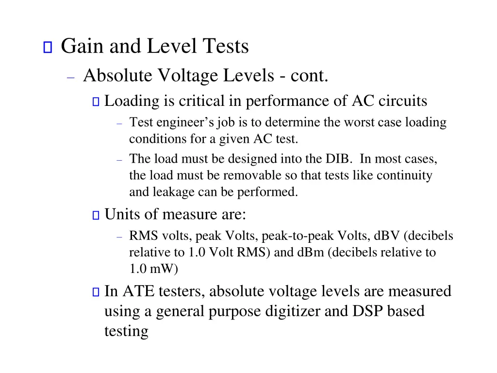 gain and level tests absolute voltage levels cont