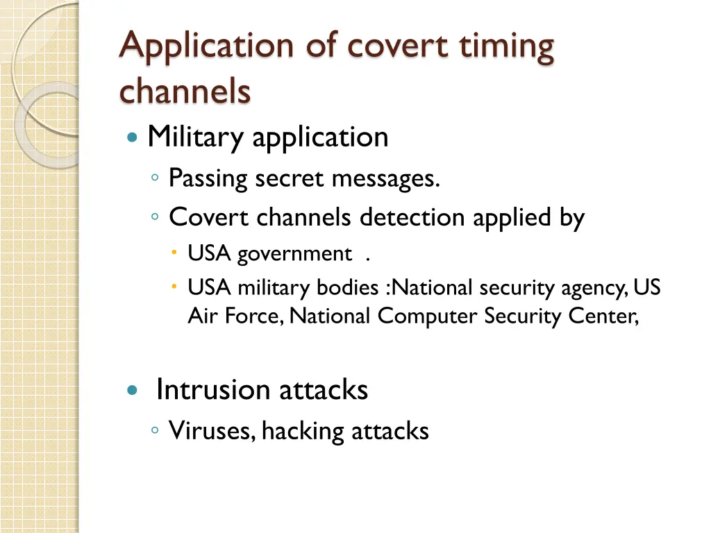 application of covert timing channels military