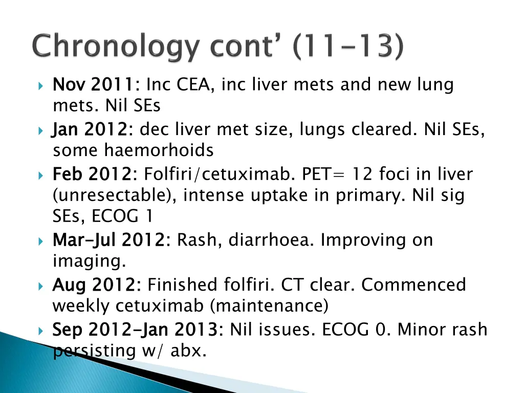 nov 2011 mets nil ses jan 2012 some haemorhoids