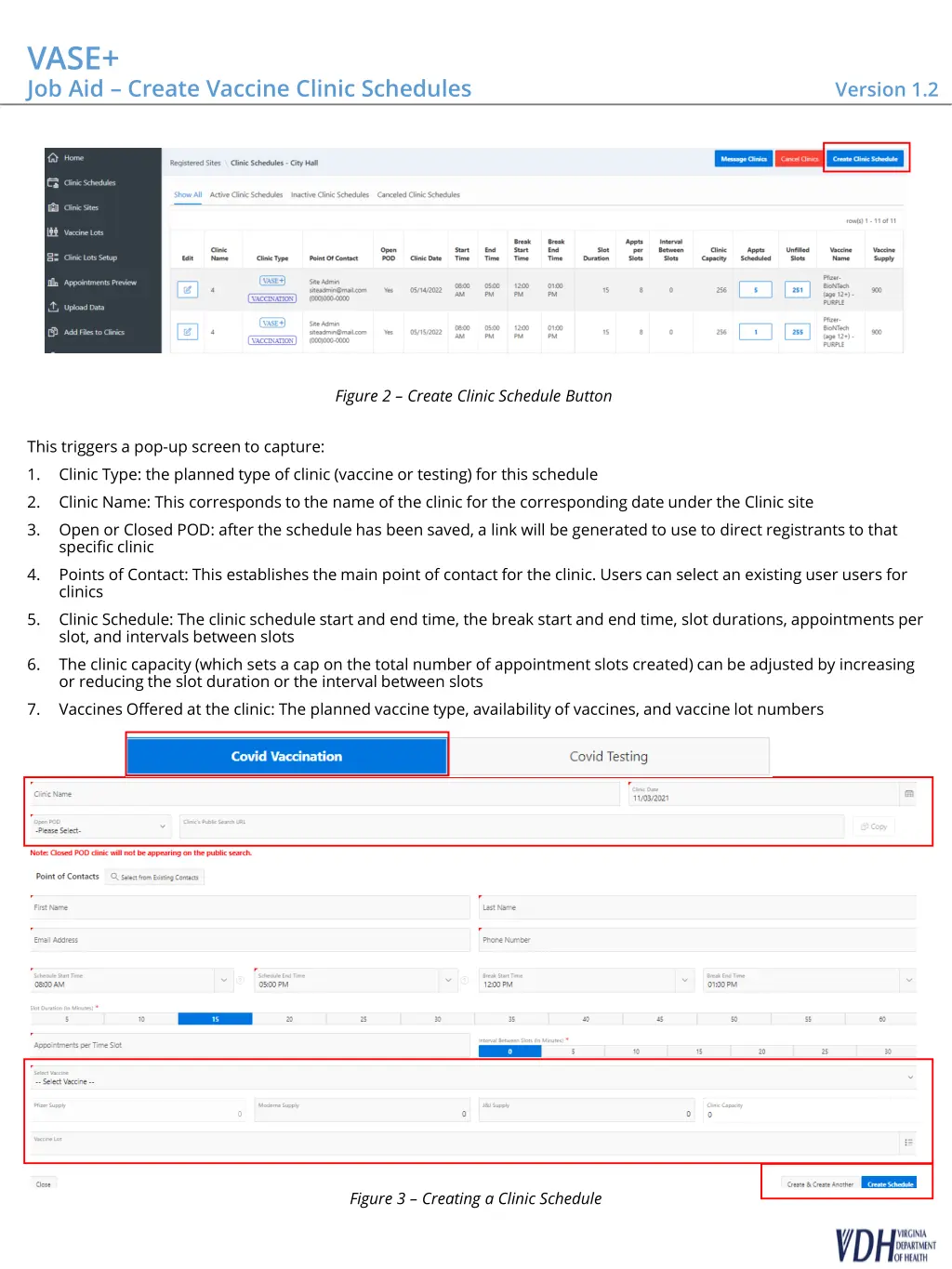 vase job aid create vaccine clinic schedules