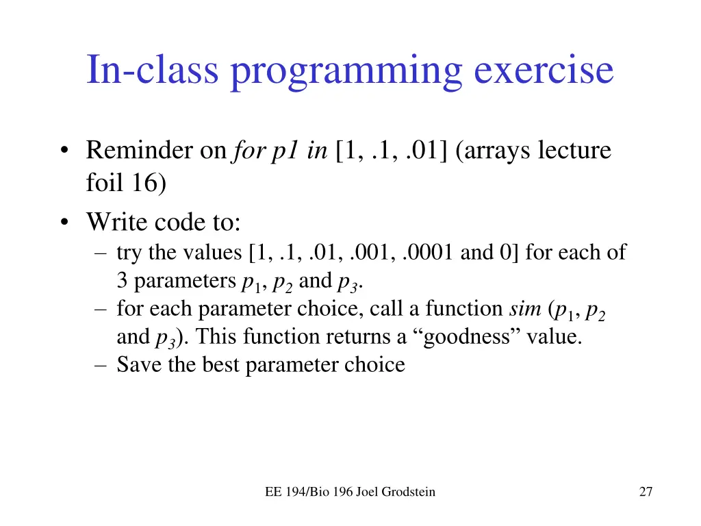 in class programming exercise