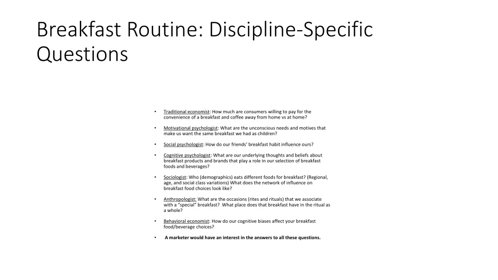 breakfast routine discipline specific questions