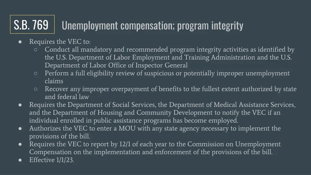 s b 769 unemployment compensation program