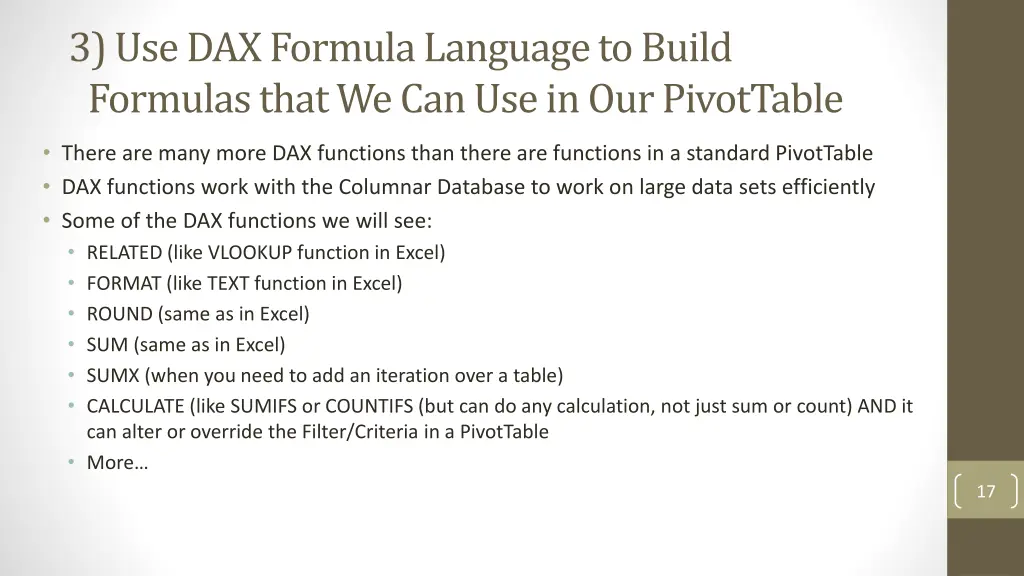 3 use dax formula language to build formulas that