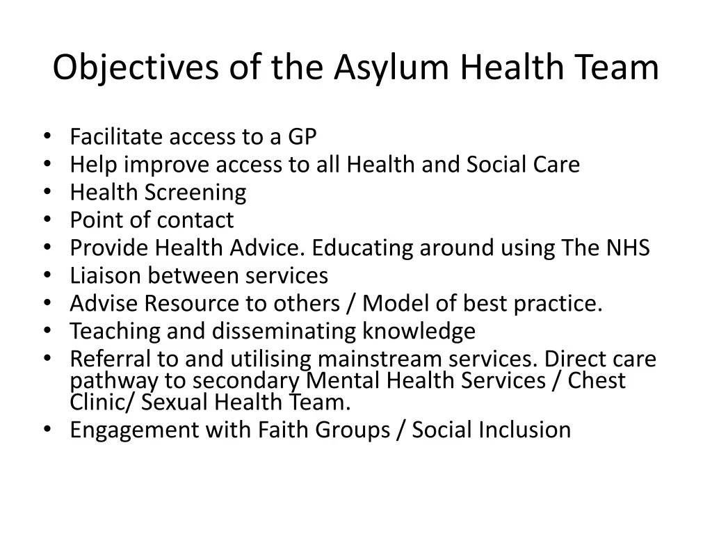 objectives of the asylum health team