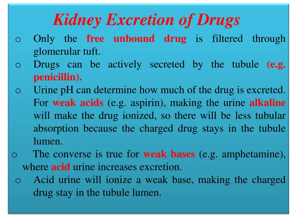 kidney excretion of drugs only the free unbound