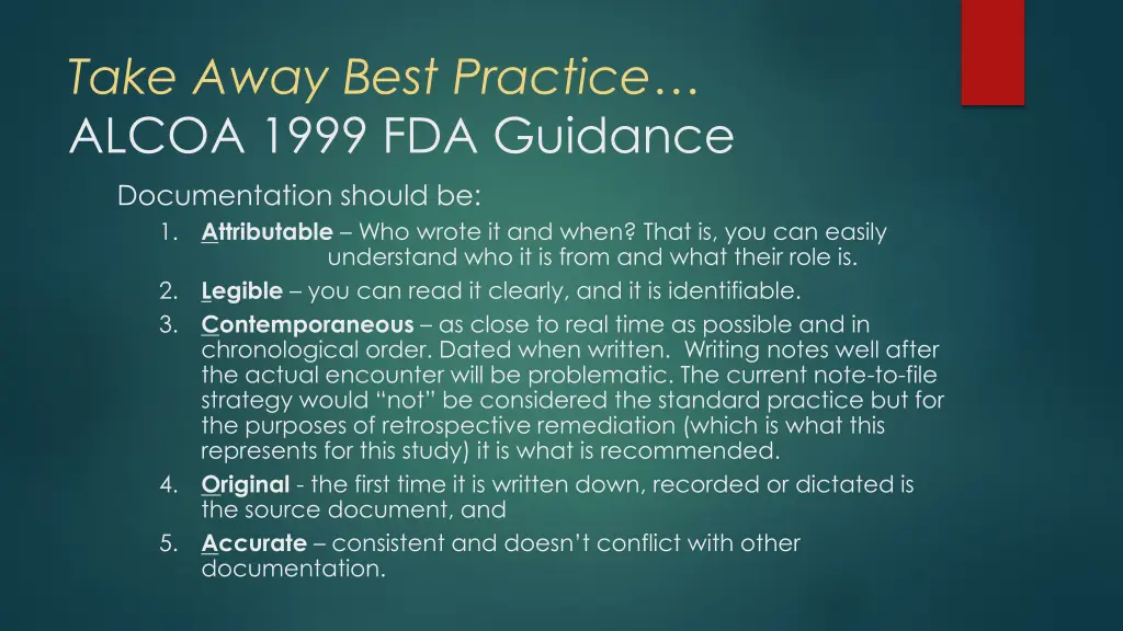 take away best practice alcoa 1999 fda guidance