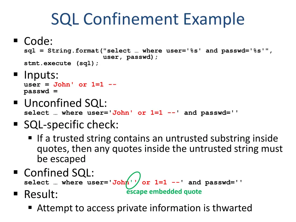 sql confinement example code sql string format