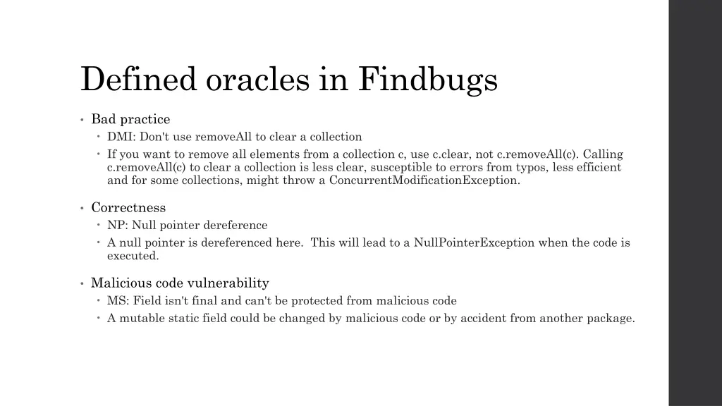 defined oracles in findbugs