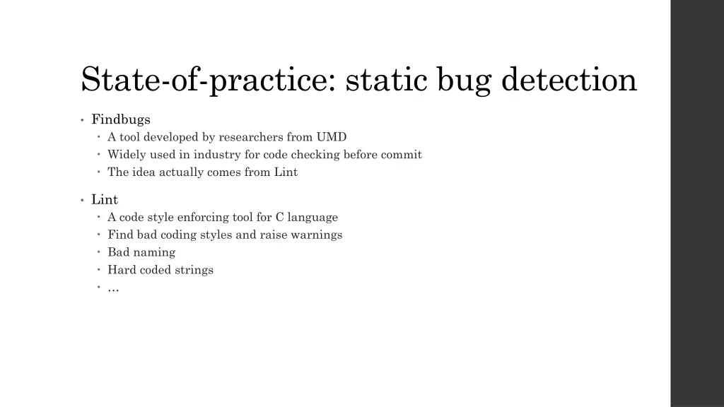 state of practice static bug detection